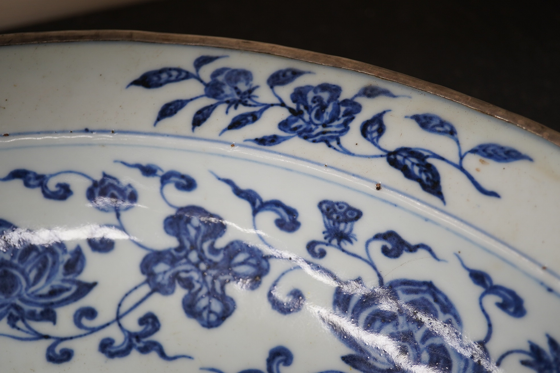 A large Chinese Ming style blue and white dish, possibly 18th century